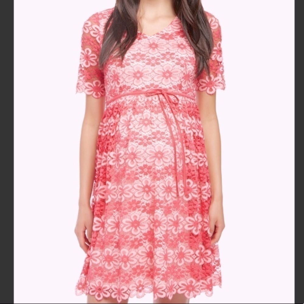 Motherhood Maternity Pink Floral Lace Semi Sheer Short Sleeve V-neck Midi Dress